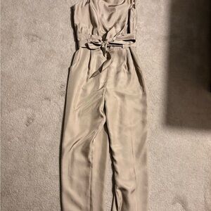 Express Satin Tie-Waist Jumpsuit in Taupe